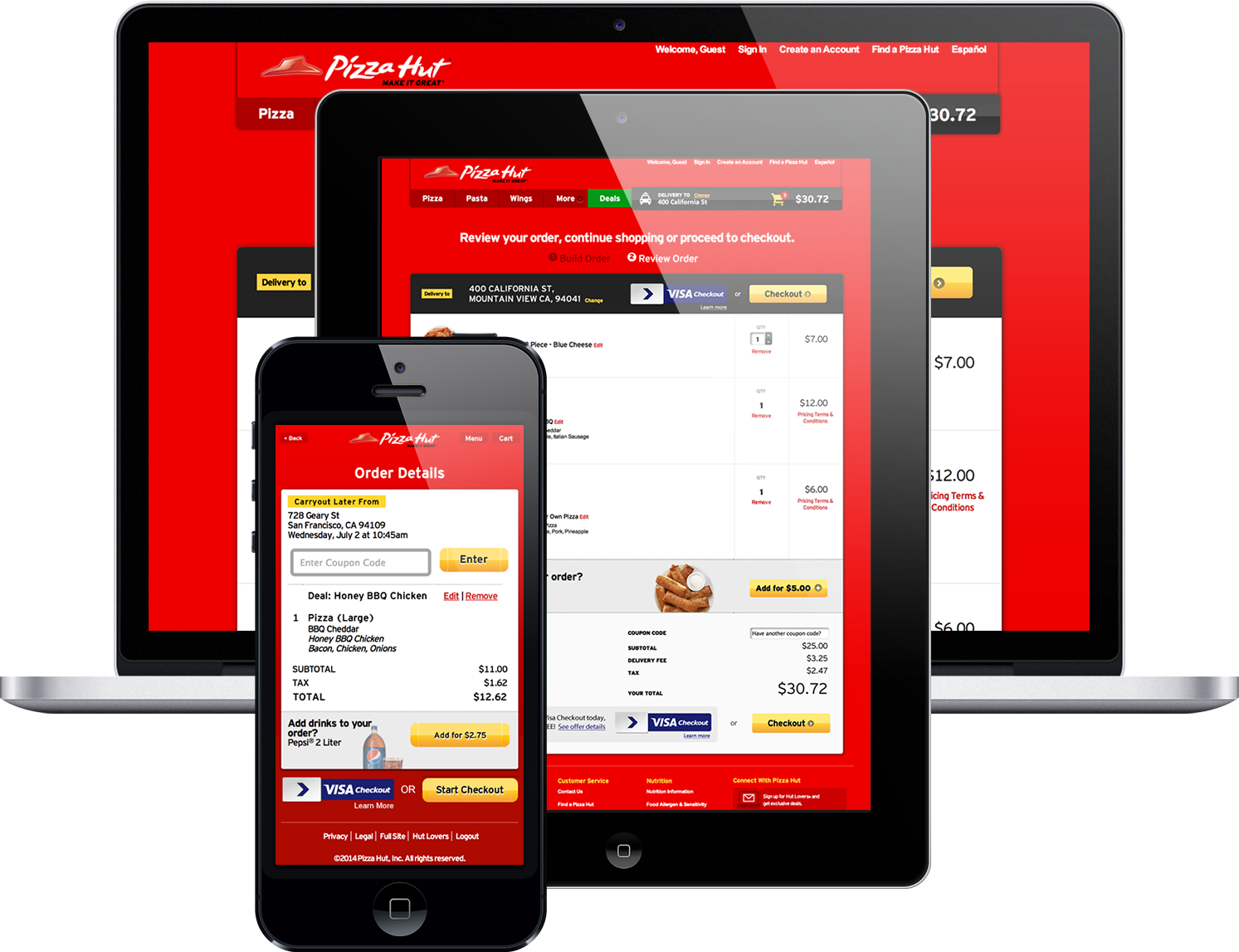 A smart phone, tablet, and laptop displaying a Visa Checkout option on the Pizza Hut website.