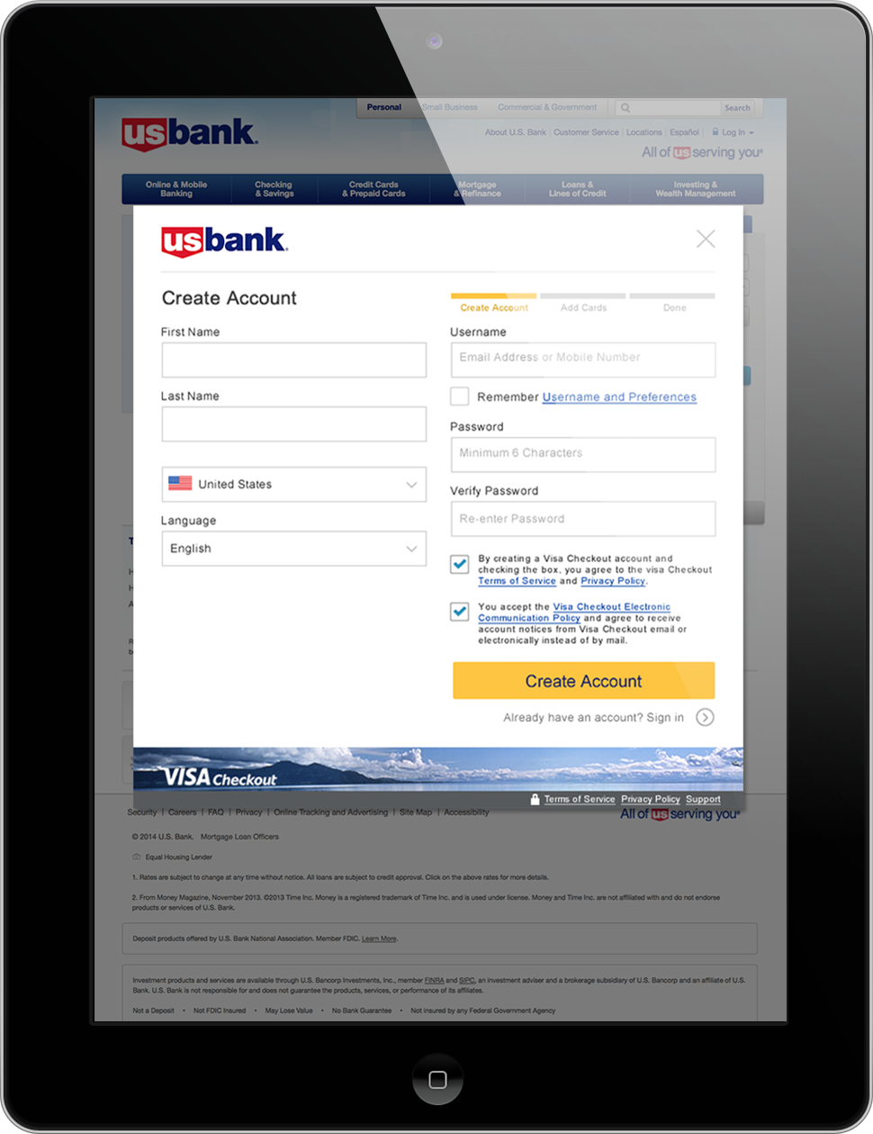 A tablet displaying a Visa Checkout enrollment form on the U.S. Bank website.