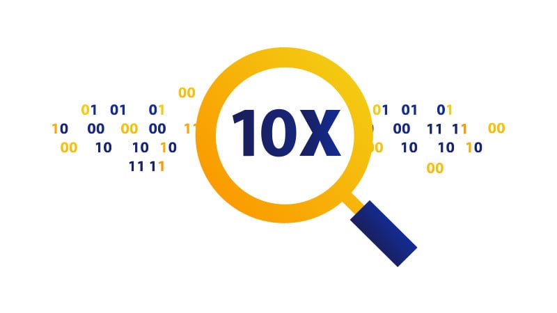 Illustration of a magnifying glass viewing the magnified text '10X'.