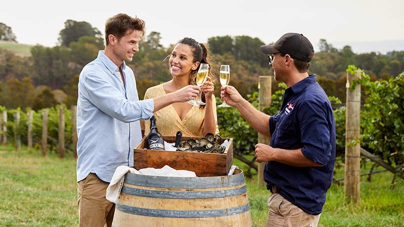 A group of friends tasting wine in a vineyard, one of the activities you can do while visiting Sydney